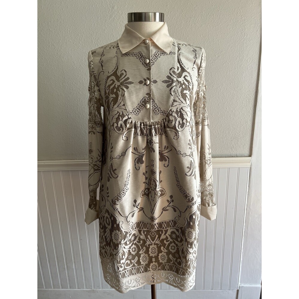 Anna Sui X Target Long Sleeve Collared Dress Midi Cut Out Lace Beige Tan Small